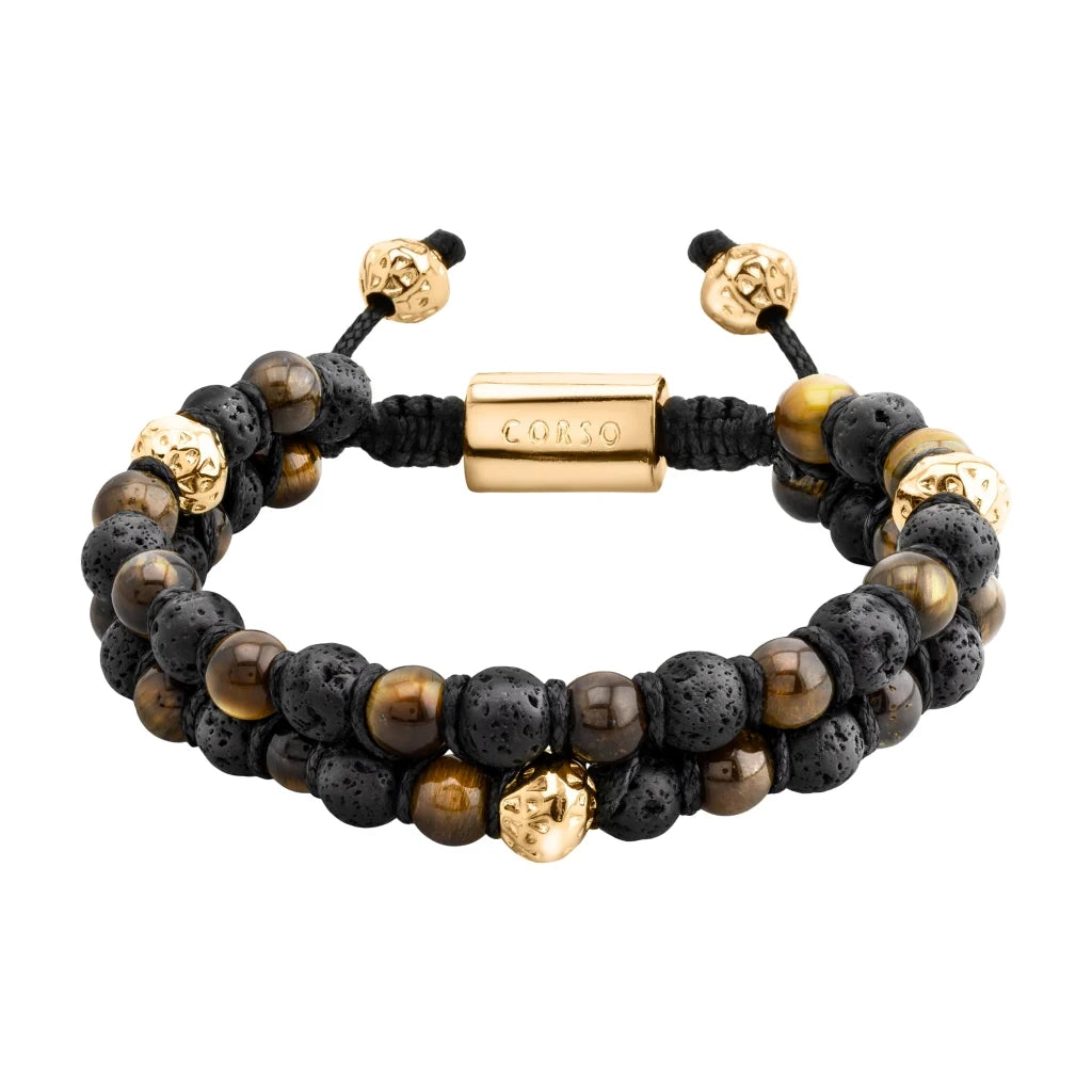 Pulsera con piedras 6mm y piedra volcánica, placa y mantras en baño de oro 22K