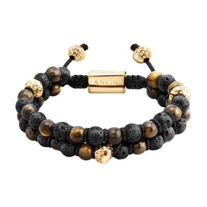 Pulsera con piedras 6mm y piedra volcánica, placa y mantras en baño de oro 22K