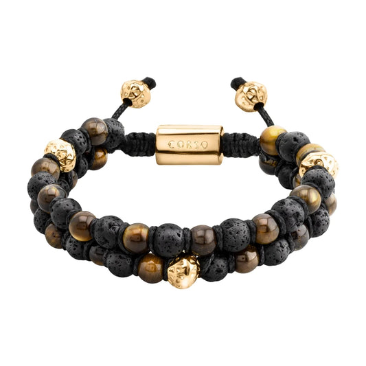 Pulsera con piedras 6mm y piedra volcánica, placa y mantras en baño de oro 22K