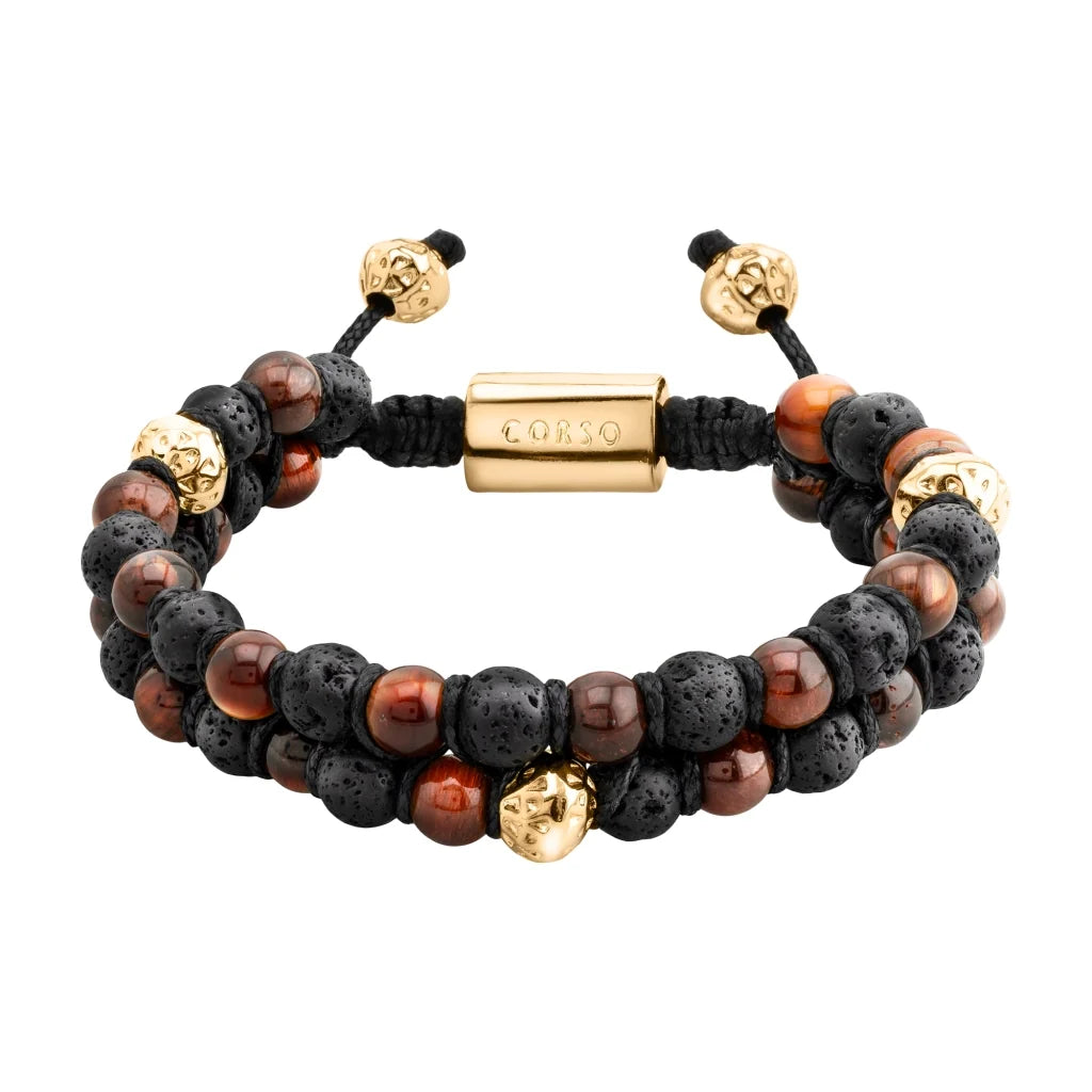 Pulsera con piedras 6mm y piedra volcánica, placa y mantras en baño de oro 22K