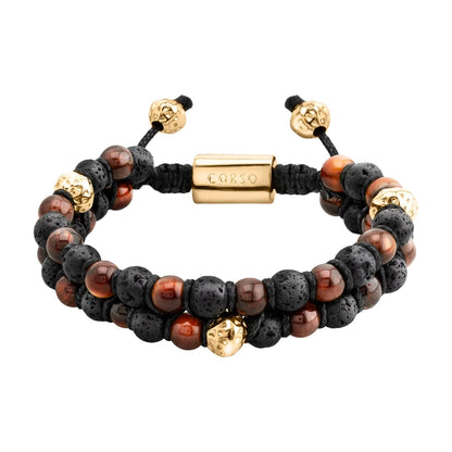 Pulsera con piedras 6mm y piedra volcánica, placa y mantras en baño de oro 22K