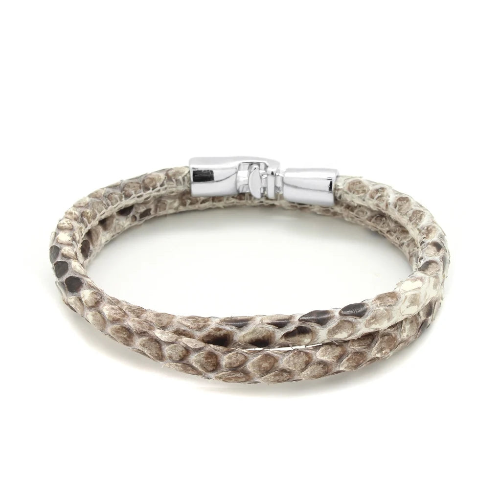 Pulsera para hombre y mujer de piel natural de serpiente o lagarto, con broche en baño de rodio - Joyería y bisutería fina