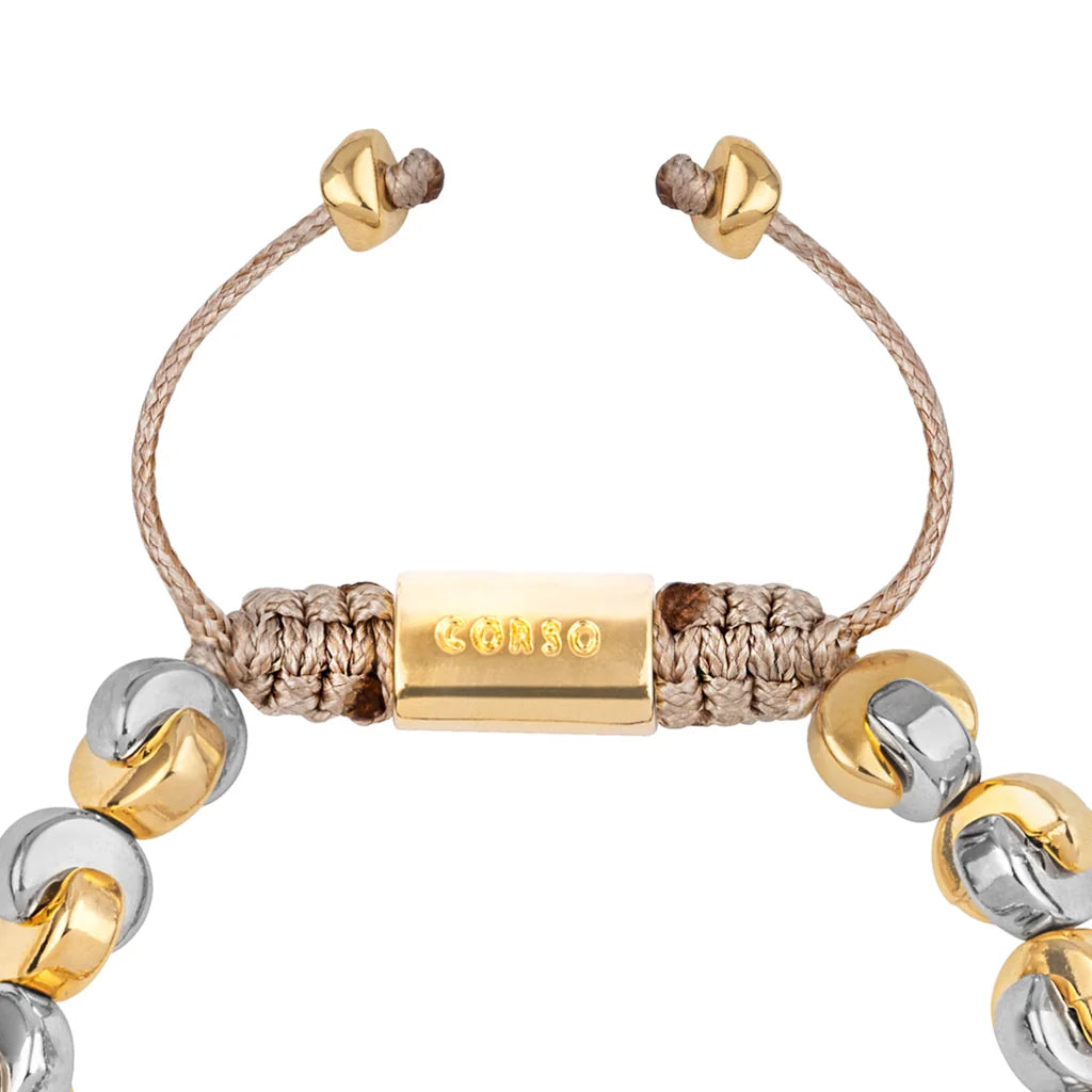 Pulsera ajustable con hilo de seda, con placa insignia y cuentas en forma de media luna en baño de rodio y oro de 22K - Joyería y bisutería fina