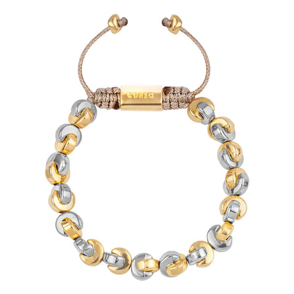 Pulsera ajustable con hilo de seda, con placa insignia y cuentas en forma de media luna en baño de rodio y oro de 22K - Joyería y bisutería fina