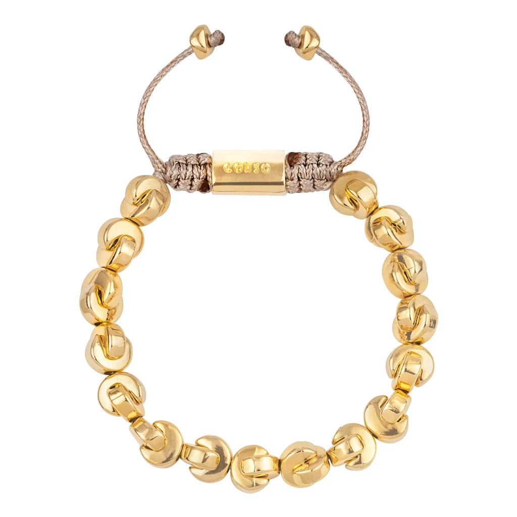 Pulsera ajustable con hilo de seda, con placa insignia y cuentas en forma de media luna en baño de oro de 22K - Joyería y bisutería fina