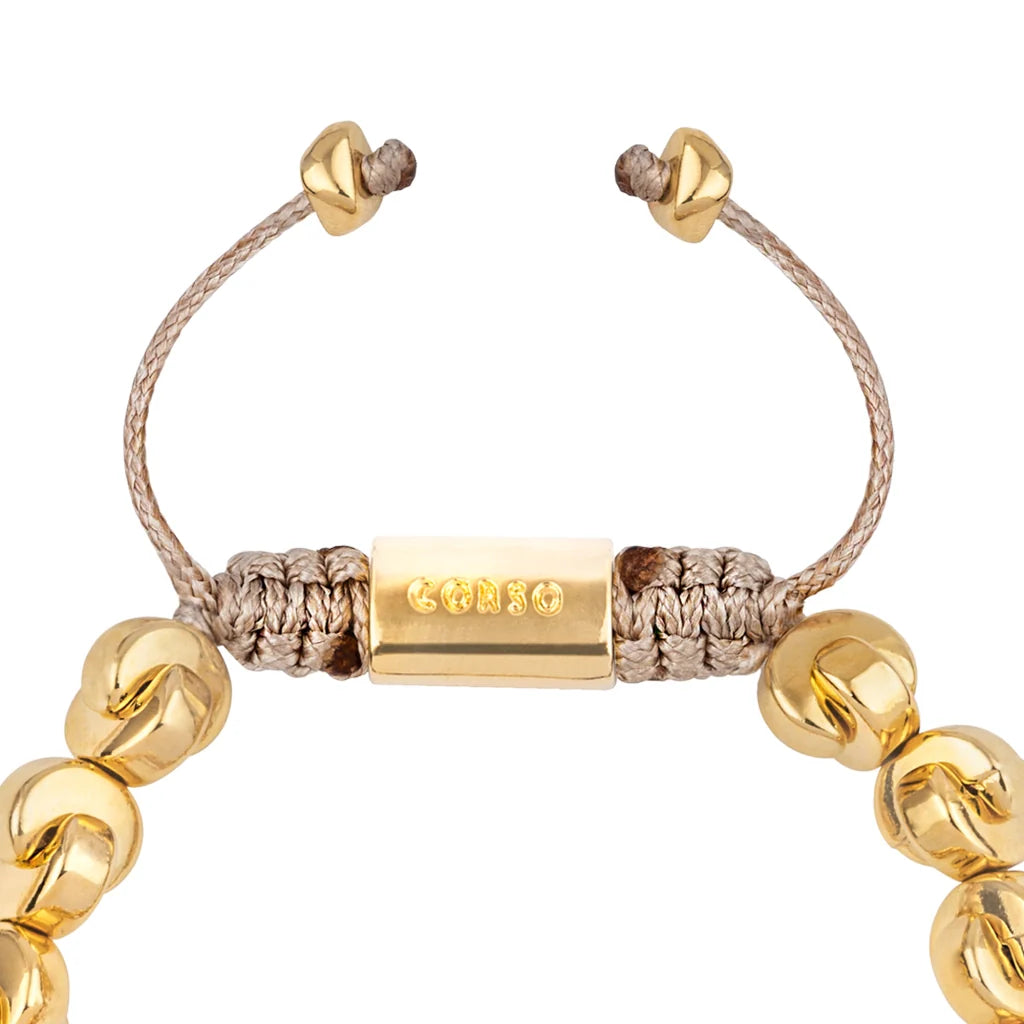 Pulsera ajustable con hilo de seda, con placa insignia y cuentas en forma de media luna en baño de oro de 22K - Joyería y bisutería fina