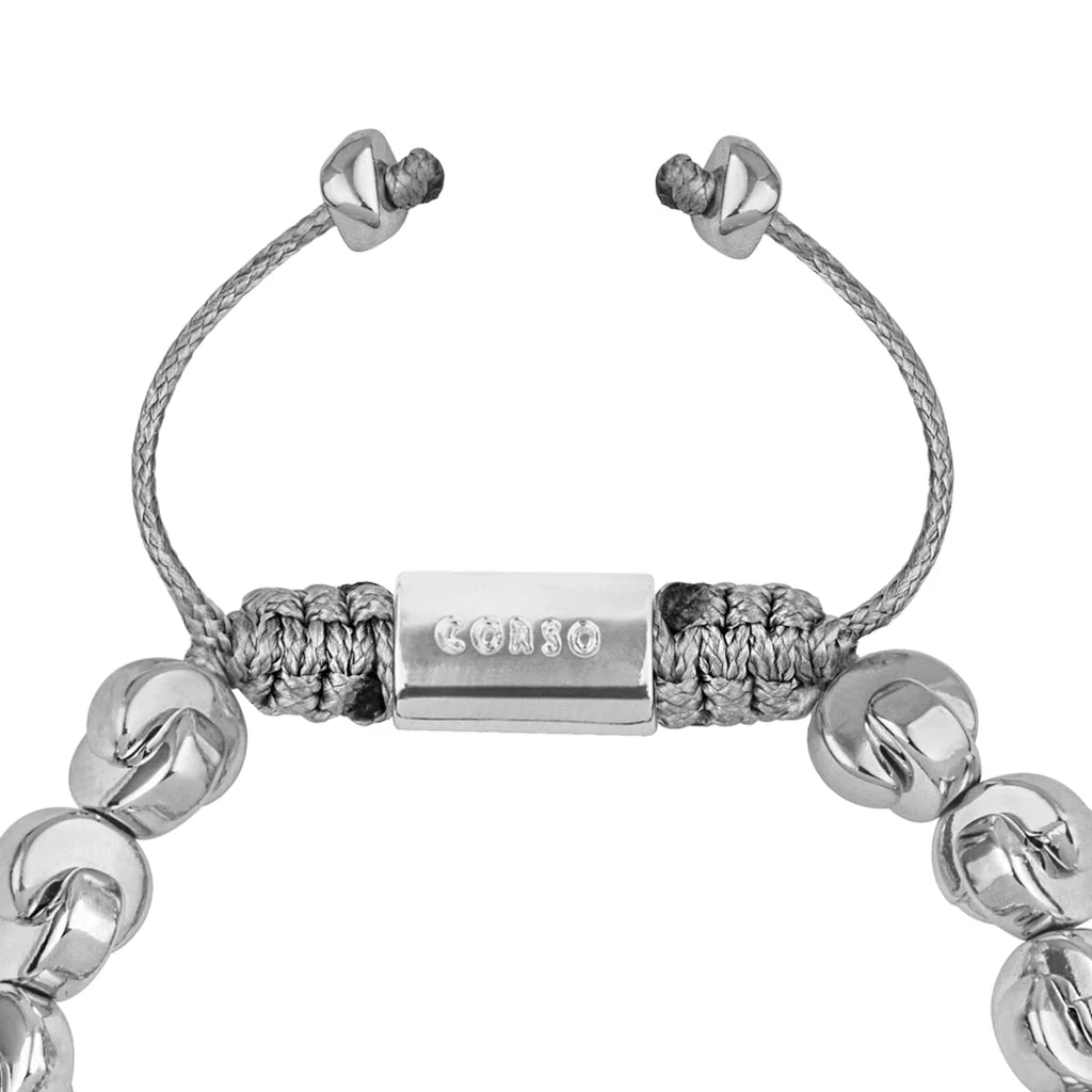 Pulsera ajustable con hilo de seda, con placa insignia y cuentas en forma de media luna en baño de rodio - Joyería y bisutería fina