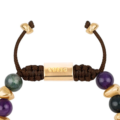 Pulsera ajustable con piedras de 8mm, con semillas y placa con insignia Corso en baño de oro de 22K - Joyería y bisutería fina