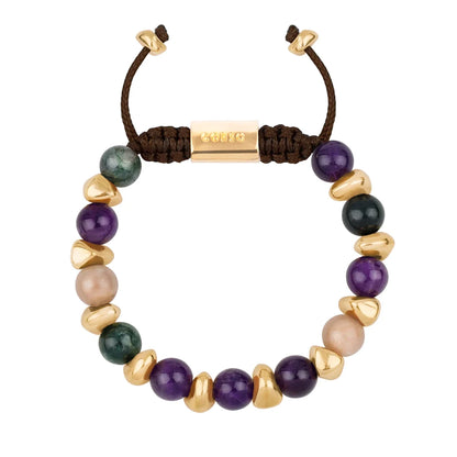 Pulsera ajustable con piedras de 8mm, con semillas y placa con insignia Corso en baño de oro de 22K - Joyería y bisutería fina
