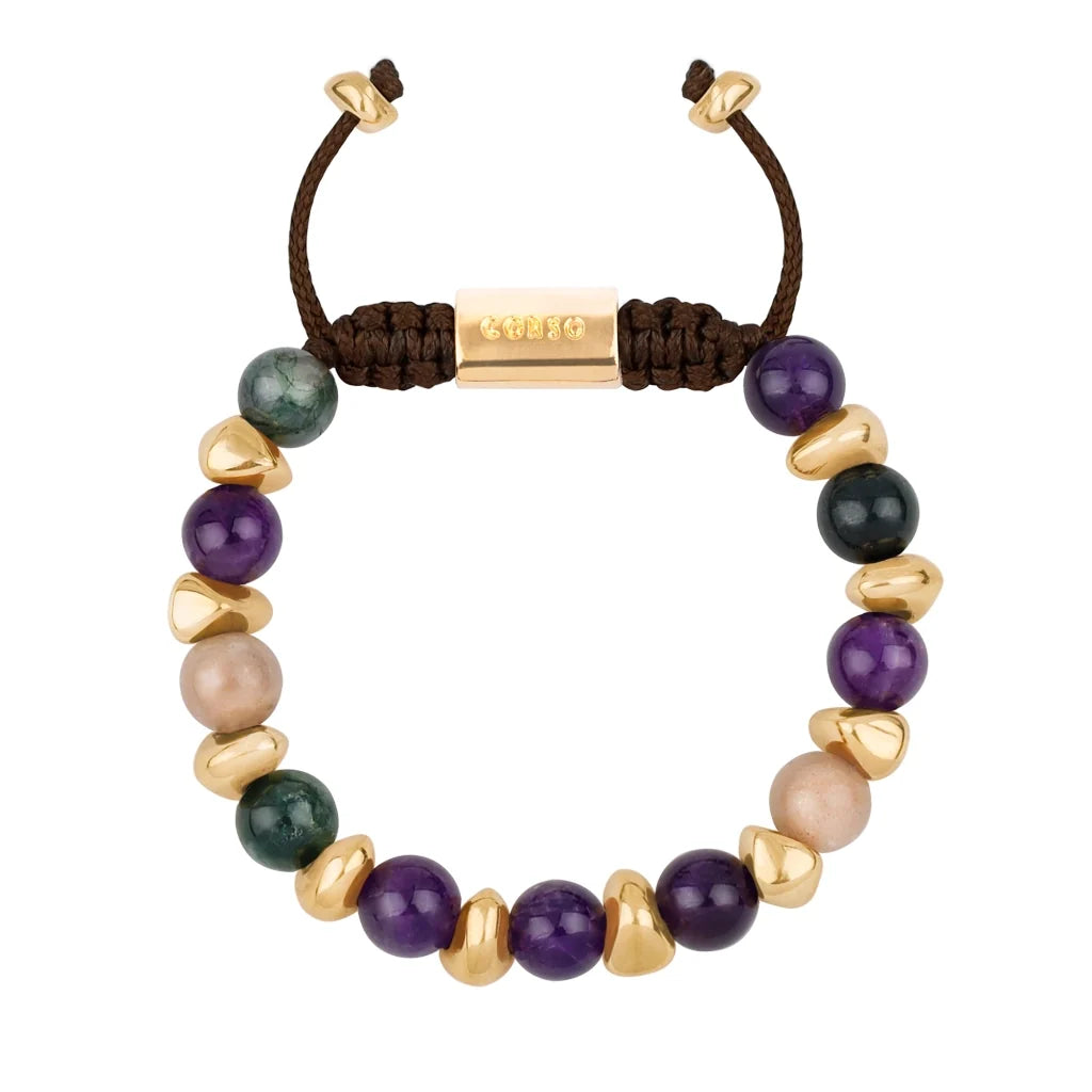Pulsera ajustable con piedras de 8mm, con semillas y placa con insignia Corso en baño de oro de 22K - Joyería y bisutería fina