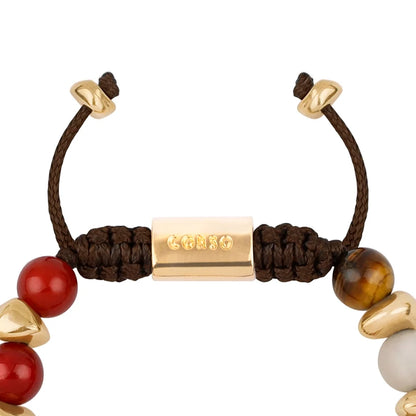 Pulsera ajustable con piedras de 8mm, con semillas y placa con insignia Corso en baño de oro de 22K - Joyería y bisutería fina