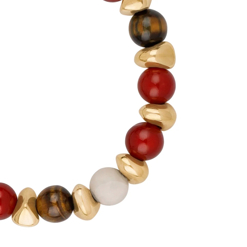 Pulsera ajustable con piedras de 8mm, con semillas y placa con insignia Corso en baño de oro de 22K - Joyería y bisutería fina