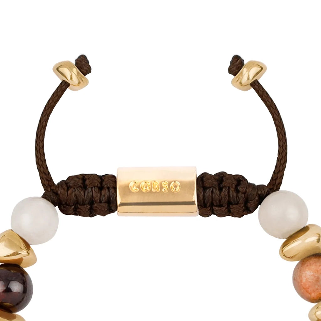 Pulsera ajustable con piedras de 8mm, con semillas y placa con insignia Corso en baño de oro de 22K - Joyería y bisutería fina