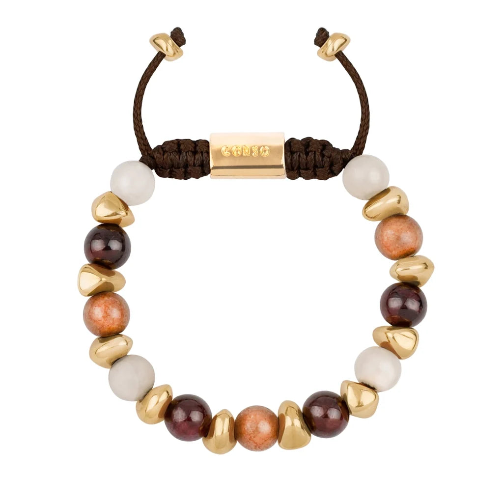 Pulsera ajustable con piedras de 8mm, con semillas y placa con insignia Corso en baño de oro de 22K - Joyería y bisutería fina