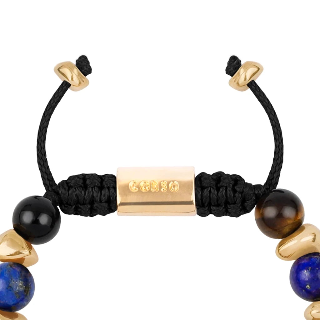Pulsera ajustable con piedras de 8mm, con semillas y placa con insignia Corso en baño de oro de 22K - Joyería y bisutería fina