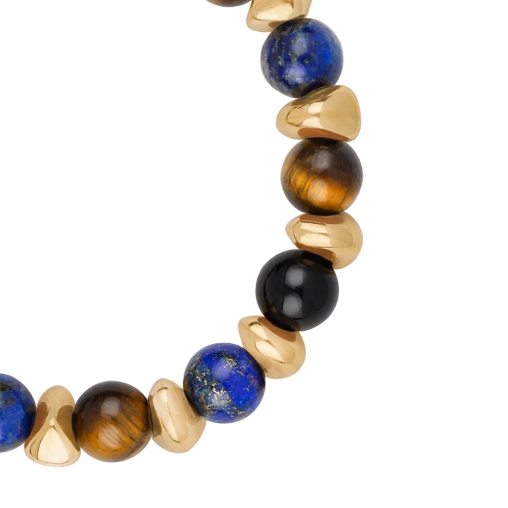 Pulsera ajustable con piedras de 8mm, con semillas y placa con insignia Corso en baño de oro de 22K - Joyería y bisutería fina