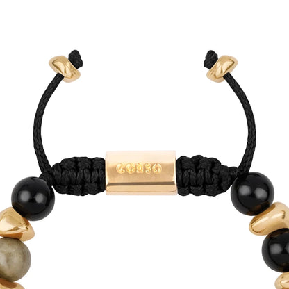 Pulsera ajustable con piedras de 8mm, con semillas y placa con insignia Corso en baño de oro de 22K - Joyería y bisutería fina