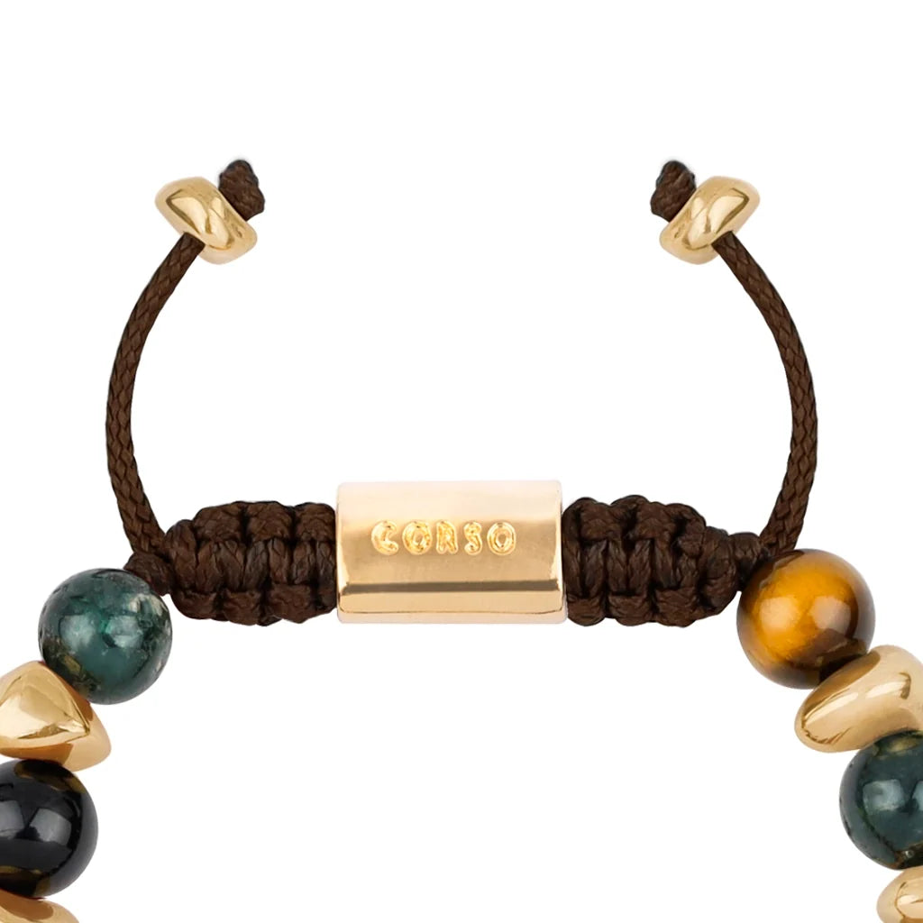 Pulsera ajustable con piedras de 8mm, con semillas y placa con insignia Corso en baño de oro de 22K - Joyería y bisutería fina