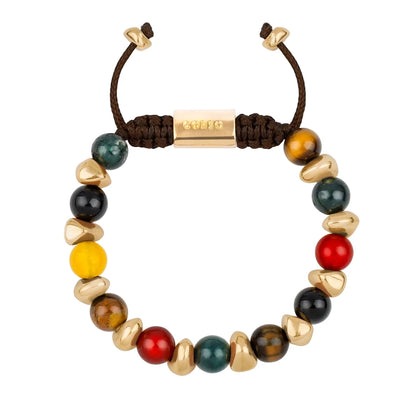 Pulsera ajustable con piedras de 8mm, con semillas y placa con insignia Corso en baño de oro de 22K - Joyería y bisutería fina
