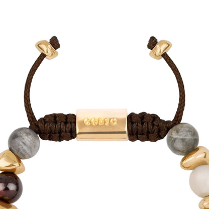 Pulsera ajustable con piedras de 8mm, con semillas y placa con insignia Corso en baño de oro de 22K - Joyería y bisutería fina