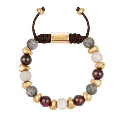 Pulsera ajustable con piedras de 8mm, con semillas y placa con insignia Corso en baño de oro de 22K - Joyería y bisutería fina