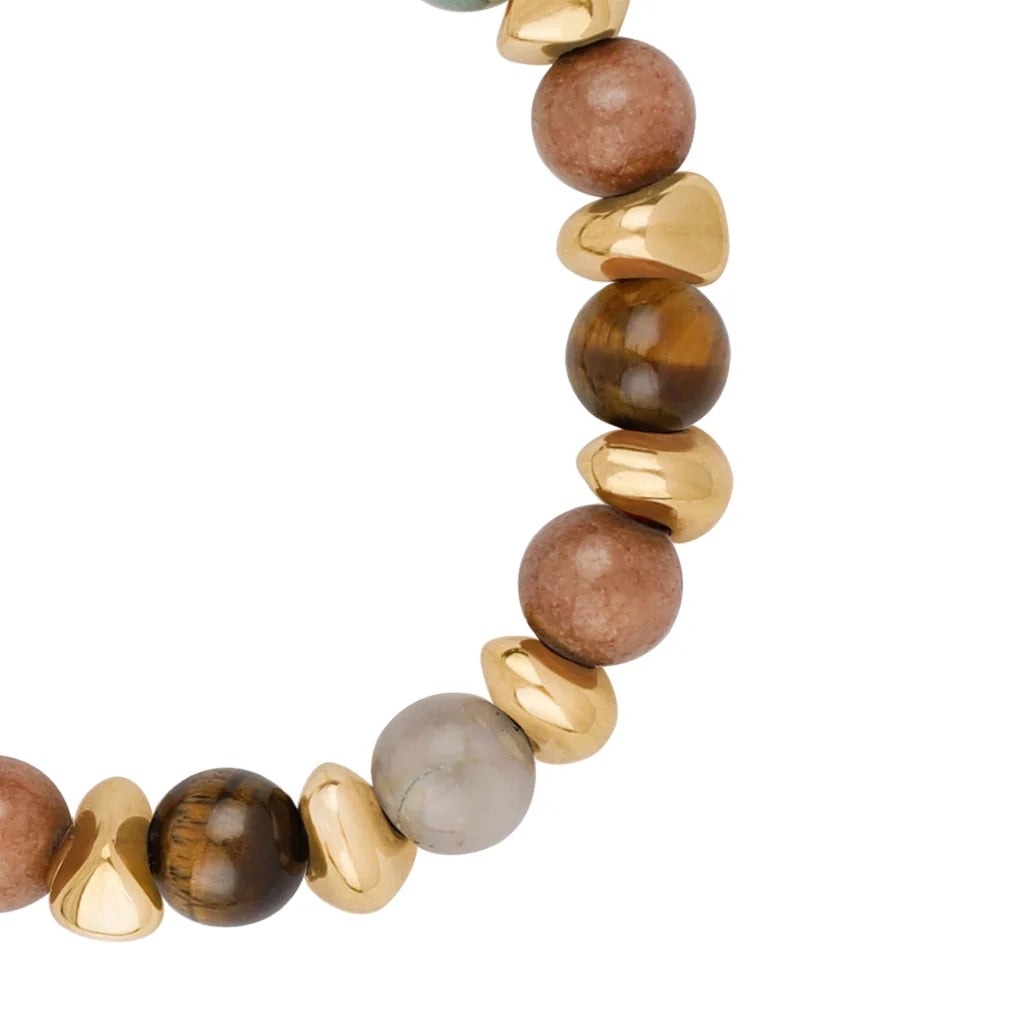 Pulsera ajustable con piedras de 8mm, con semillas y placa con insignia Corso en baño de oro de 22K - Joyería y bisutería fina