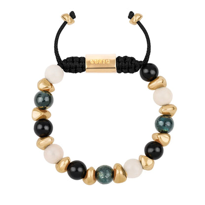 Pulsera ajustable con piedras de 8mm, con semillas y placa con insignia Corso en baño de oro de 22K - Joyería y bisutería fina