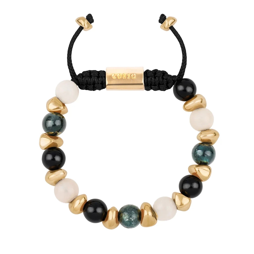 Pulsera ajustable con piedras de 8mm, con semillas y placa con insignia Corso en baño de oro de 22K - Joyería y bisutería fina