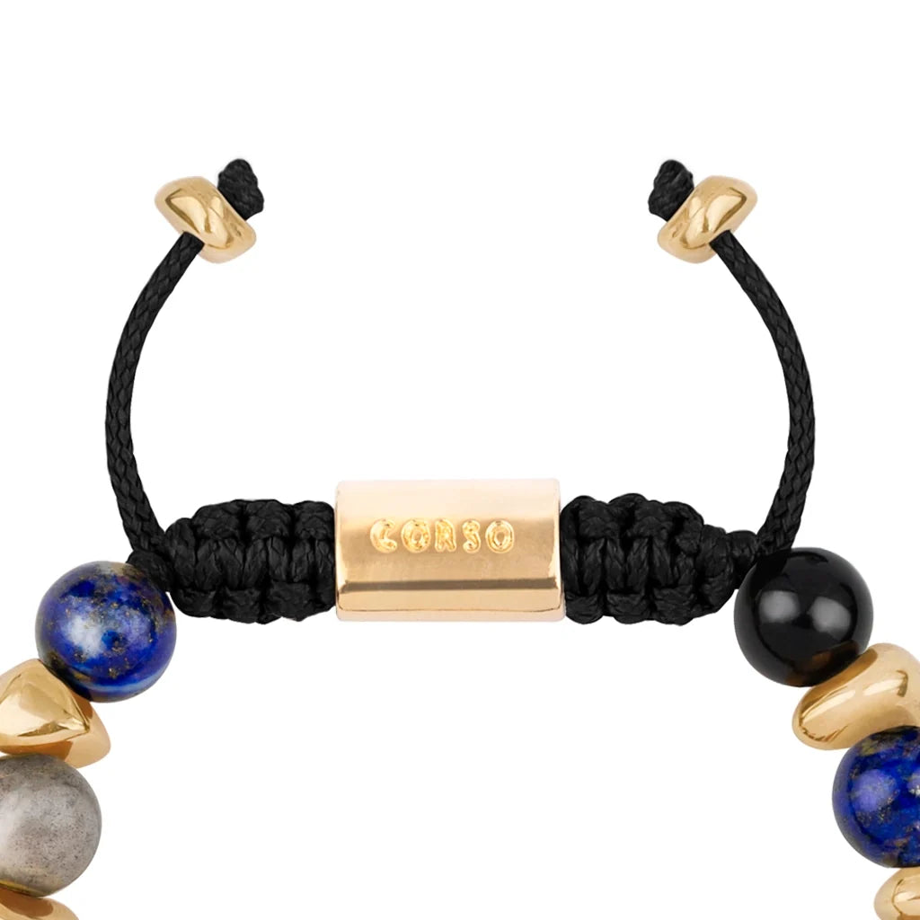 Pulsera ajustable con piedras de 8mm, con semillas y placa con insignia Corso en baño de oro de 22K - Joyería y bisutería fina