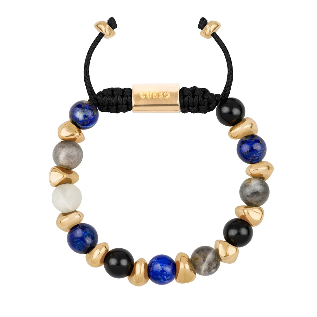 Pulsera ajustable con piedras de 8mm, con semillas y placa con insignia Corso en baño de oro de 22K - Joyería y bisutería fina
