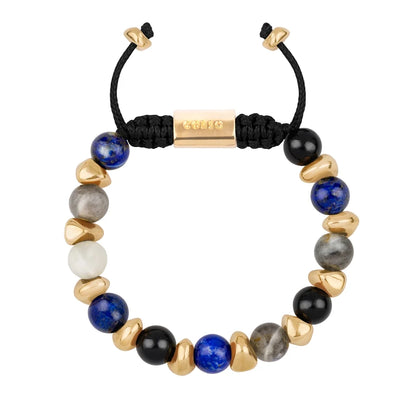 Pulsera ajustable con piedras de 8mm, con semillas y placa con insignia Corso en baño de oro de 22K - Joyería y bisutería fina