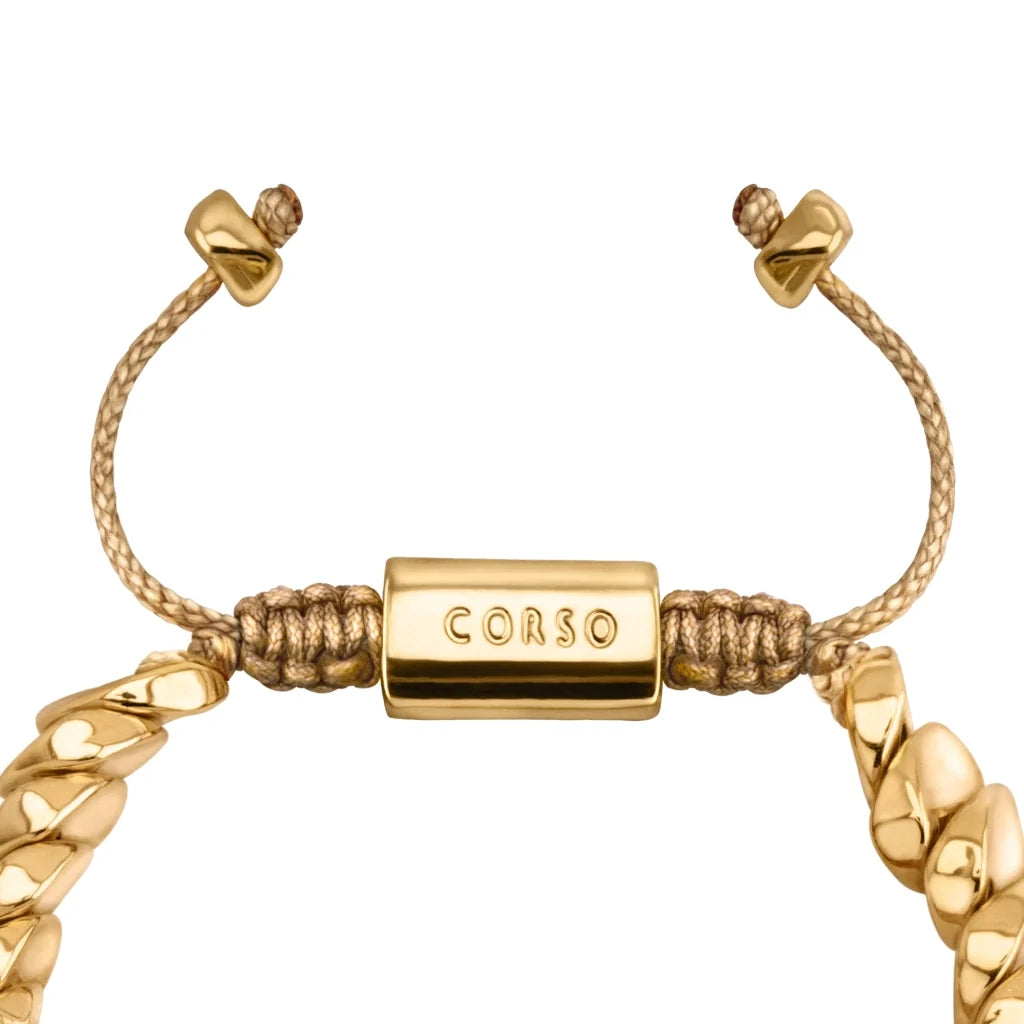 Pulsera ajustable con hilo de seda, con placa insignia corso y lunas en baño de oro de 22K - Joyería y bisutería fina