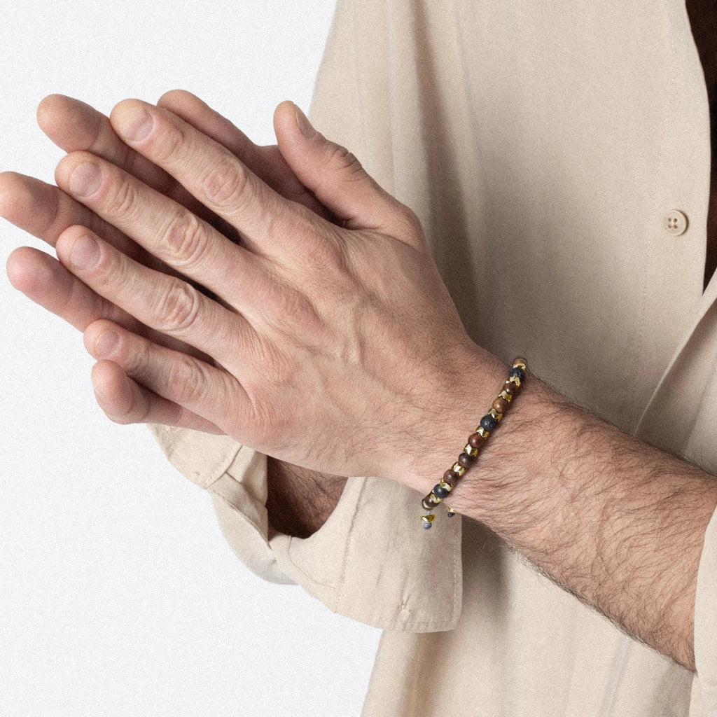 Pulsera Escamas baño de oro 22K, cuentas de madera de ébano y piedras de 6mm - Joyería y bisutería fina