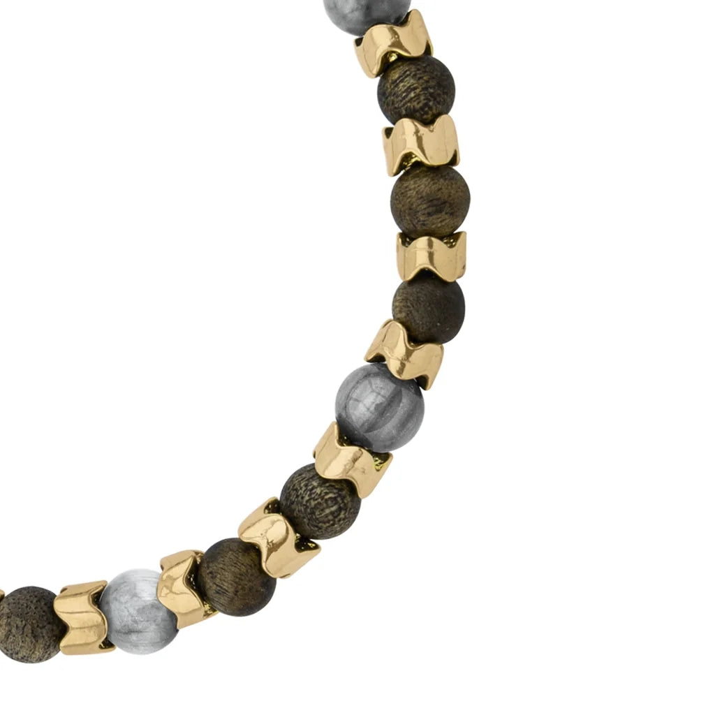 Pulsera Escamas baño de oro 22K, cuentas de madera de ébano y piedras de 6mm - Joyería y bisutería fina