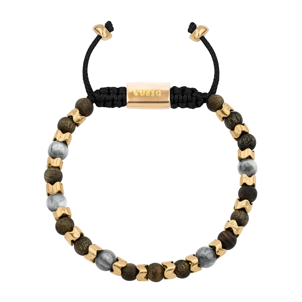Pulsera Escamas baño de oro 22K, cuentas de madera de ébano y piedras de 6mm - Joyería y bisutería fina