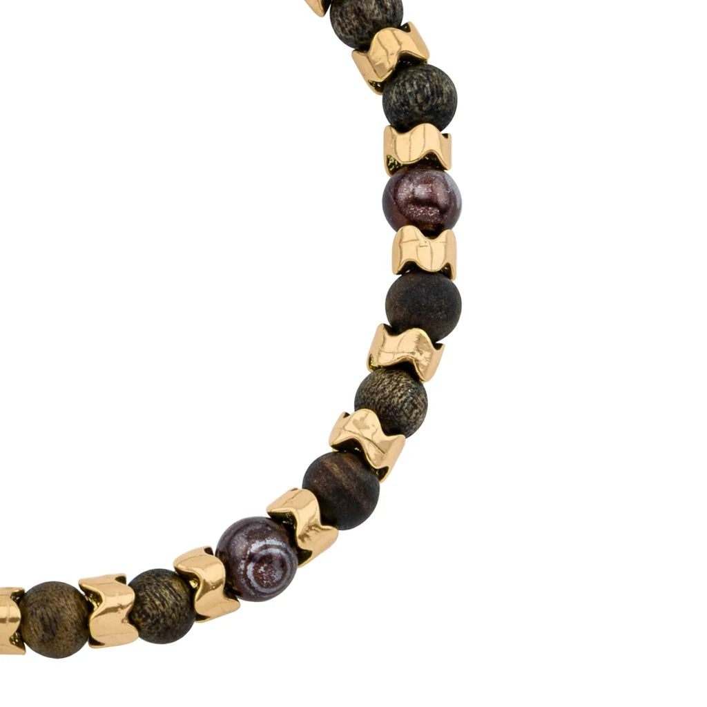 Pulsera Escamas baño de oro 22K, cuentas de madera de ébano y piedras de 6mm - Joyería y bisutería fina