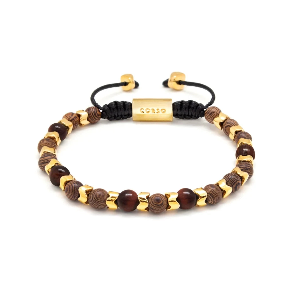 Pulsera Escamas baño de oro 22K, cuentas de madera de ébano y piedras de 6mm - Joyería y bisutería fina