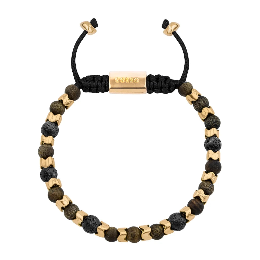 Pulsera Escamas baño de oro 22K, cuentas de madera de ébano y piedras de 6mm - Joyería y bisutería fina