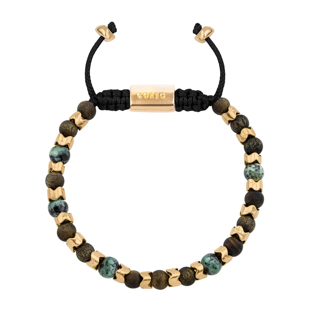 Pulsera Escamas baño de oro 22K, cuentas de madera de ébano y piedras de 6mm - Joyería y bisutería fina