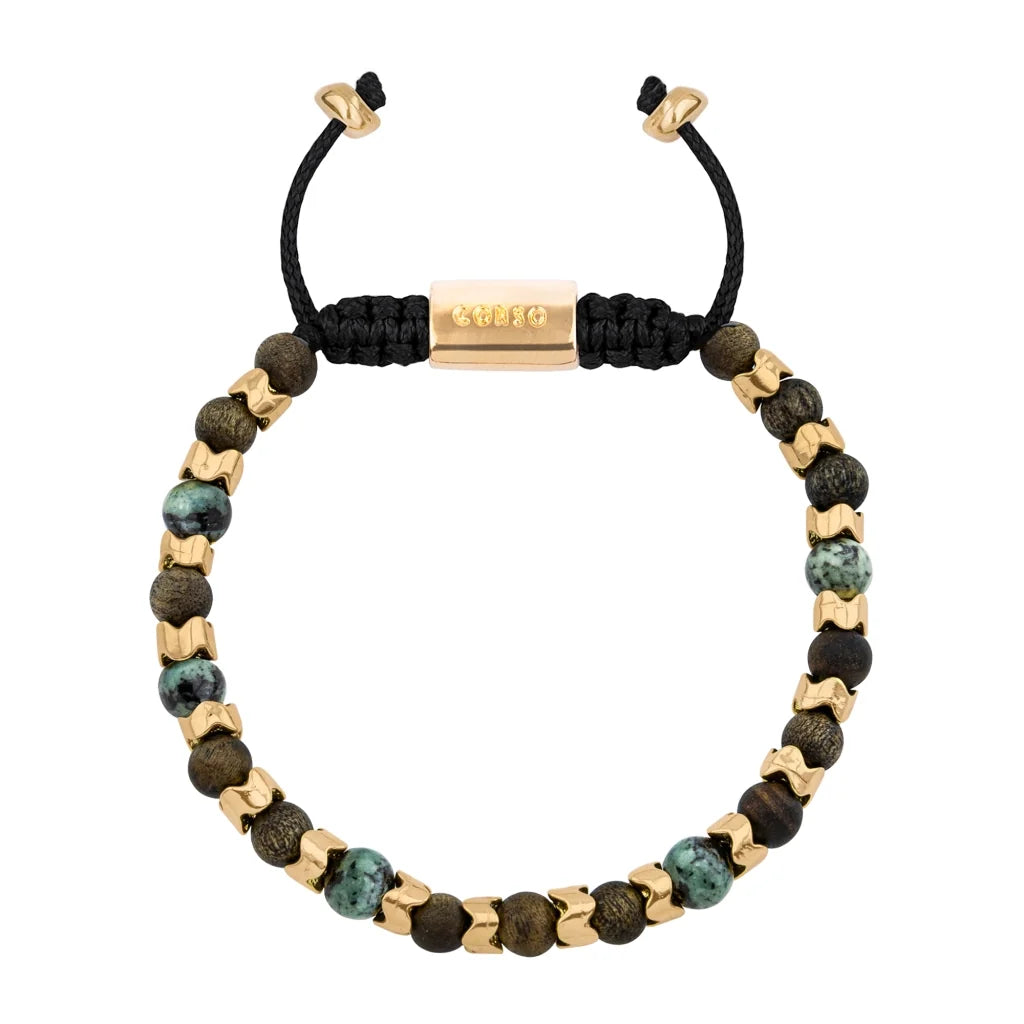 Pulsera Escamas baño de oro 22K, cuentas de madera de ébano y piedras de 6mm - Joyería y bisutería fina