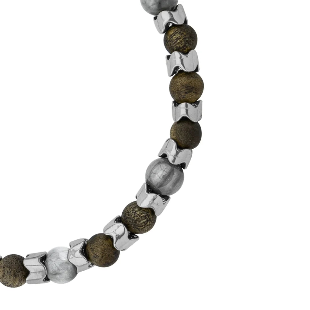Pulsera Escamas baño de rodio, cuentas de madera de ébano y piedras de 6mm - Joyería y bisutería fina