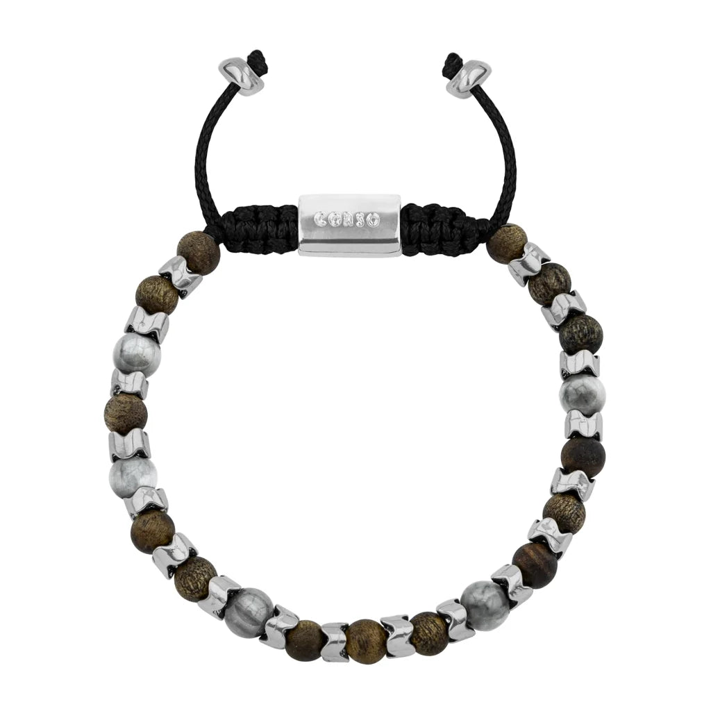 Pulsera Escamas baño de rodio, cuentas de madera de ébano y piedras de 6mm - Joyería y bisutería fina