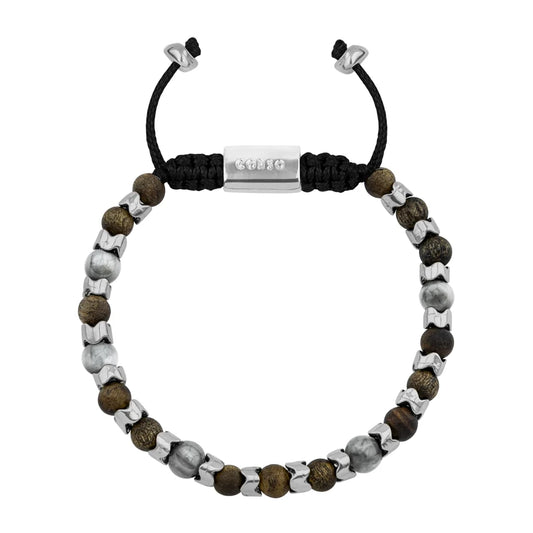 Pulsera Escamas baño de rodio, cuentas de madera de ébano y piedras de 6mm - Joyería y bisutería fina