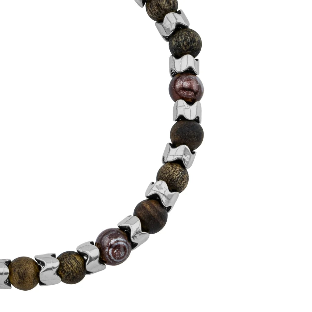 Pulsera Escamas baño de rodio, cuentas de madera de ébano y piedras de 6mm - Joyería y bisutería fina