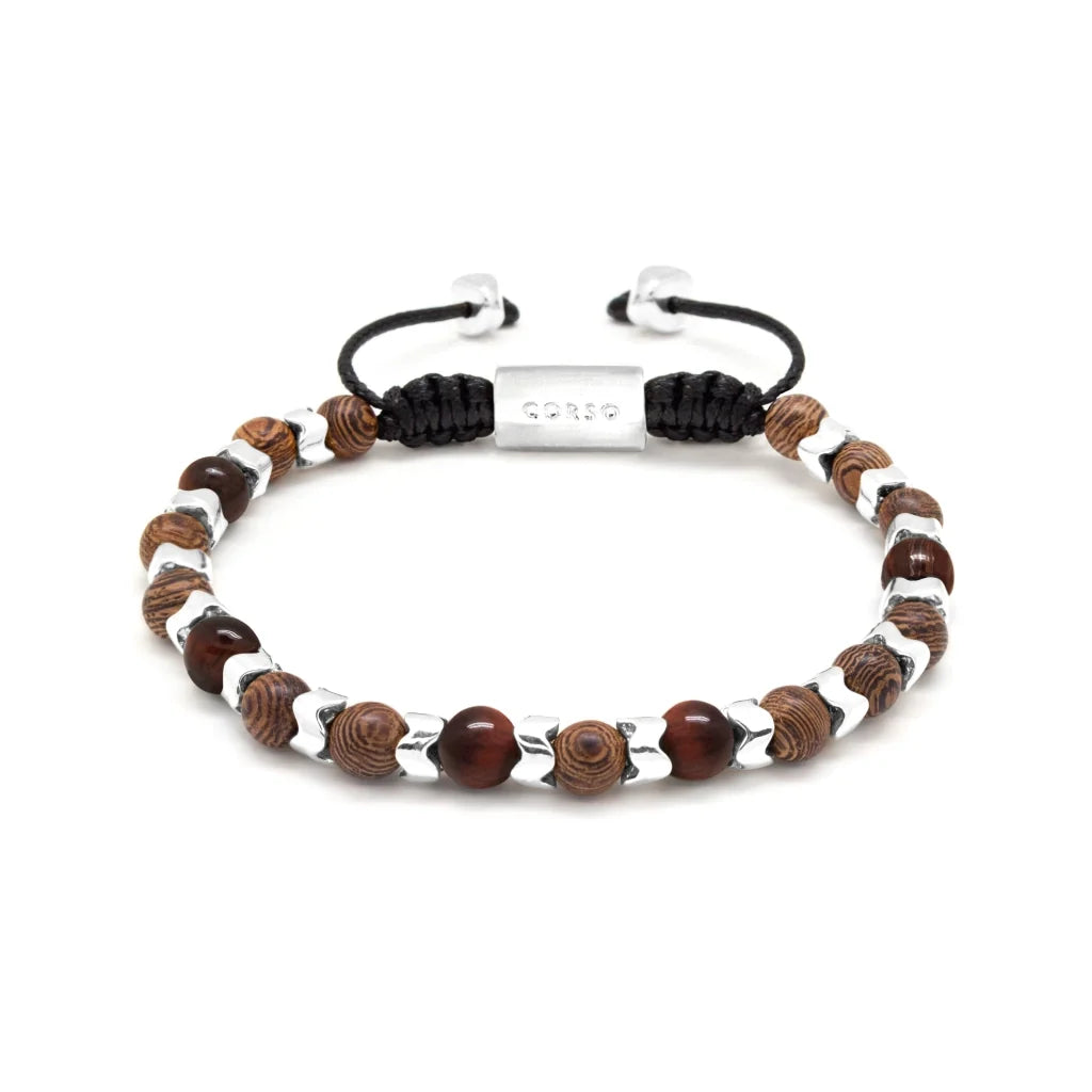 Pulsera Escamas baño de rodio, cuentas de madera de ébano y piedras de 6mm - Joyería y bisutería fina
