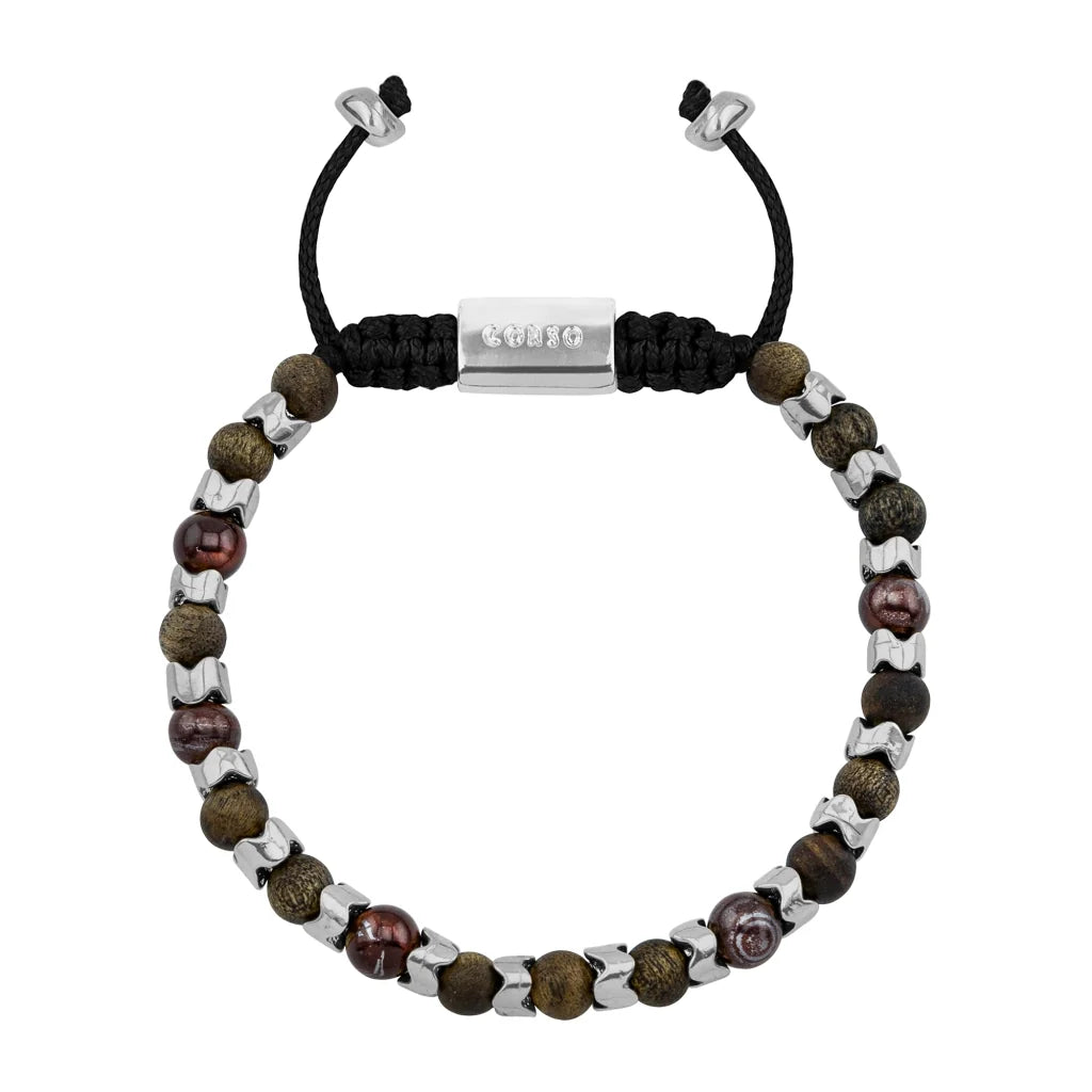 Pulsera Escamas baño de rodio, cuentas de madera de ébano y piedras de 6mm - Joyería y bisutería fina