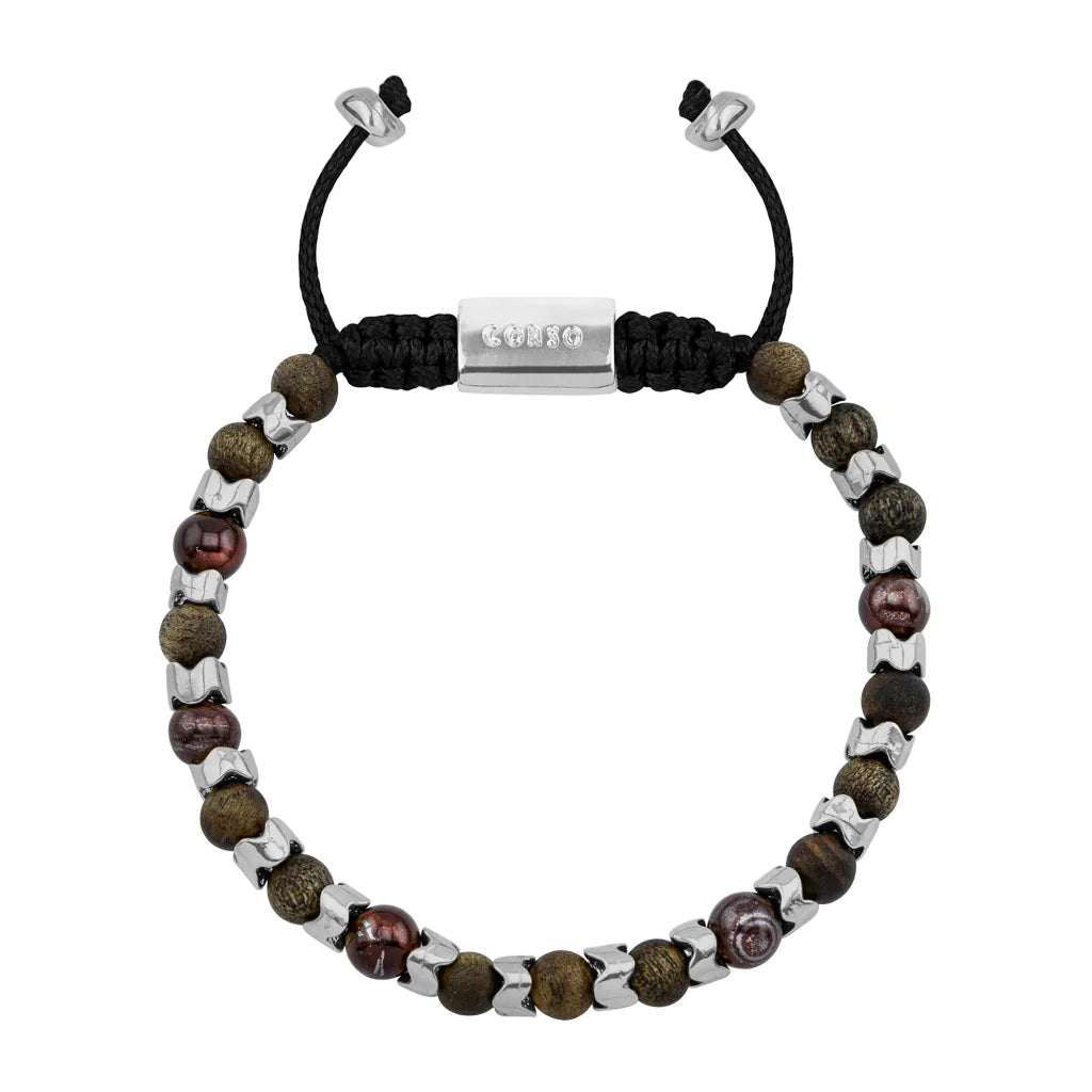Pulsera Escamas baño de rodio, cuentas de madera de ébano y piedras de 6mm - Joyería y bisutería fina