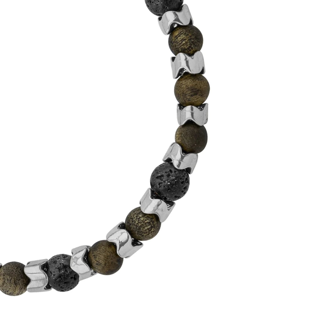 Pulsera Escamas baño de rodio, cuentas de madera de ébano y piedras de 6mm - Joyería y bisutería fina