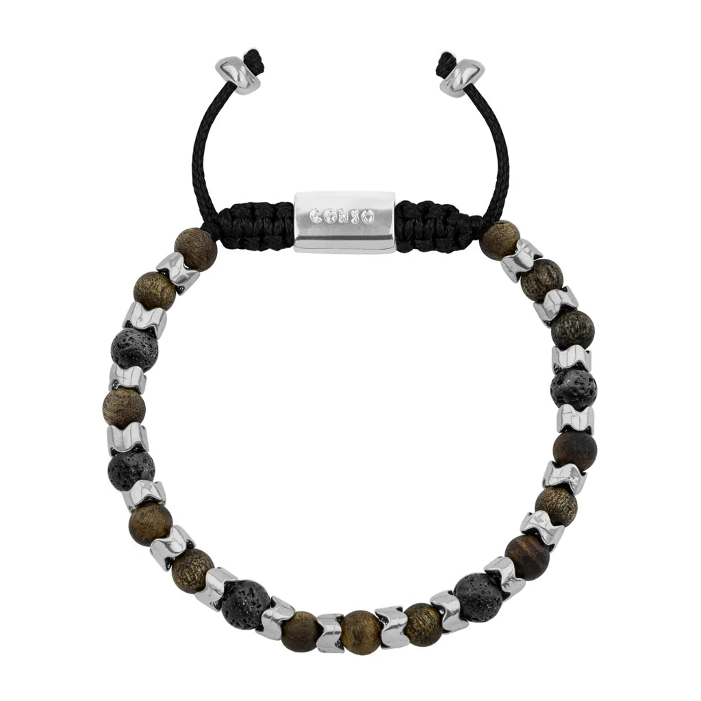 Pulsera Escamas baño de rodio, cuentas de madera de ébano y piedras de 6mm - Joyería y bisutería fina