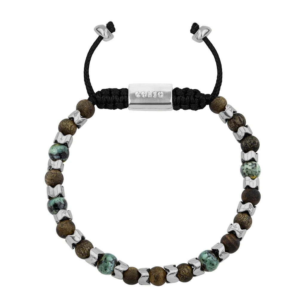 Pulsera Escamas baño de rodio, cuentas de madera de ébano y piedras de 6mm - Joyería y bisutería fina